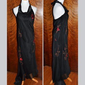 Chelsea Nites Black Silky Halter Dress & Striking Red Stitched Flowers Open Back